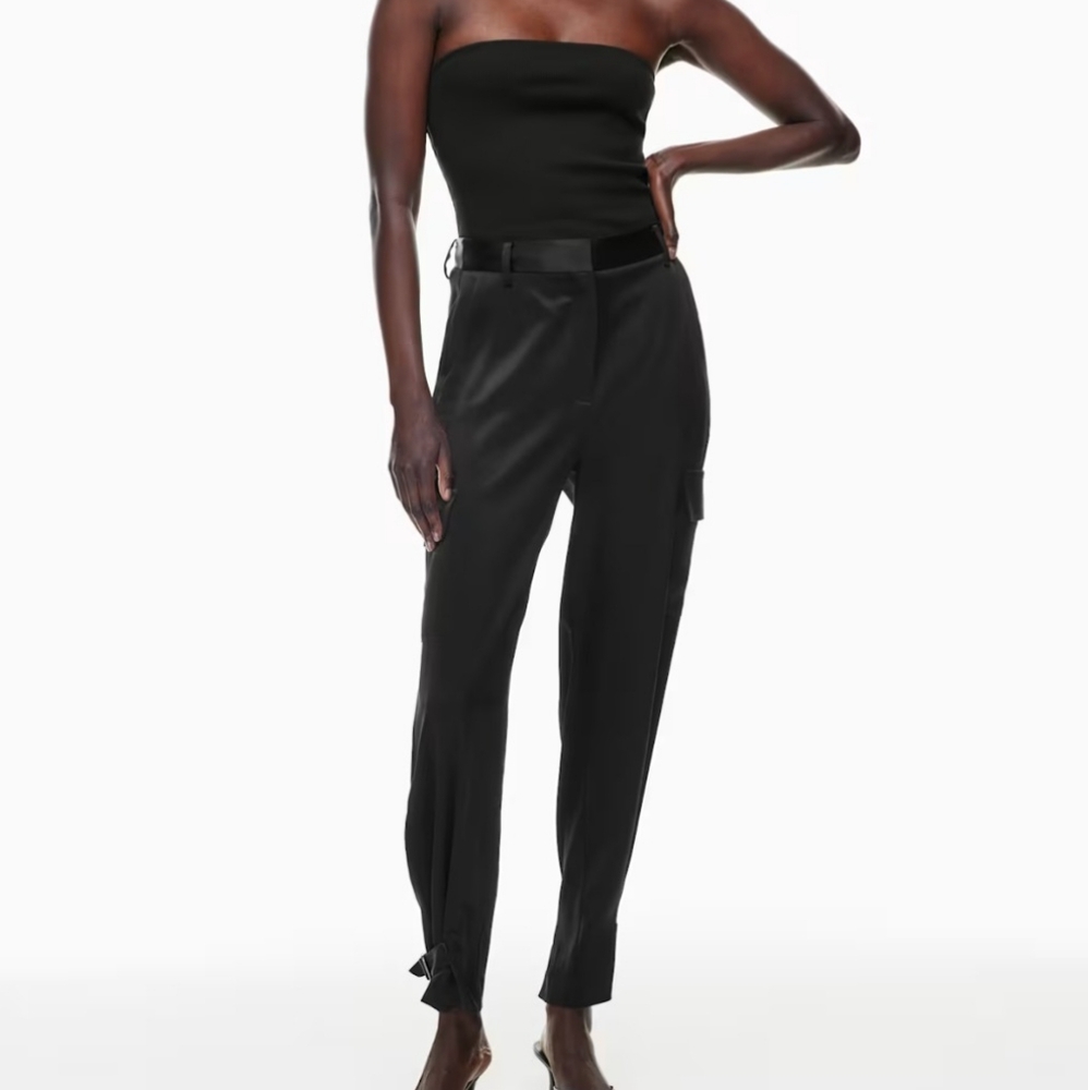 Aritizia Babaton Black Satin-like Women's Cargo Pants With Ankle Straps